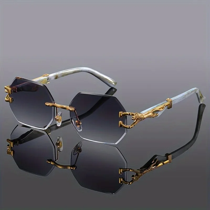 Women’s Rimless Geometric Sunglasses with Sculptural Gold Panther Hardware Detail - Image 9