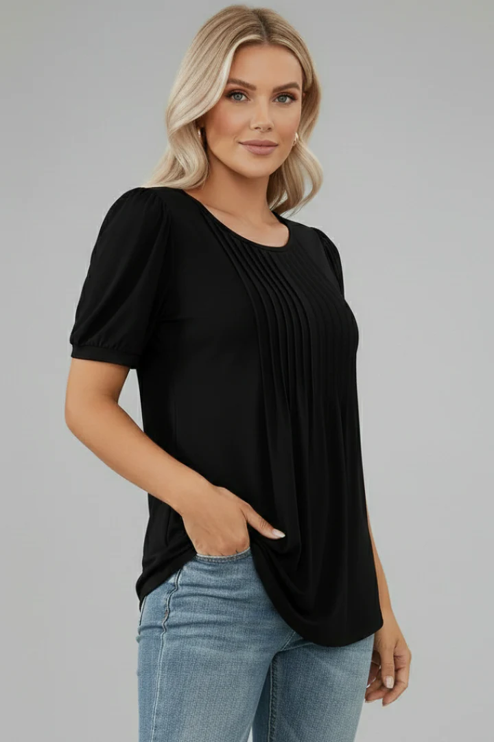 Women's T-Shirt with Round Neck and Short Puff Sleeves - Image 3