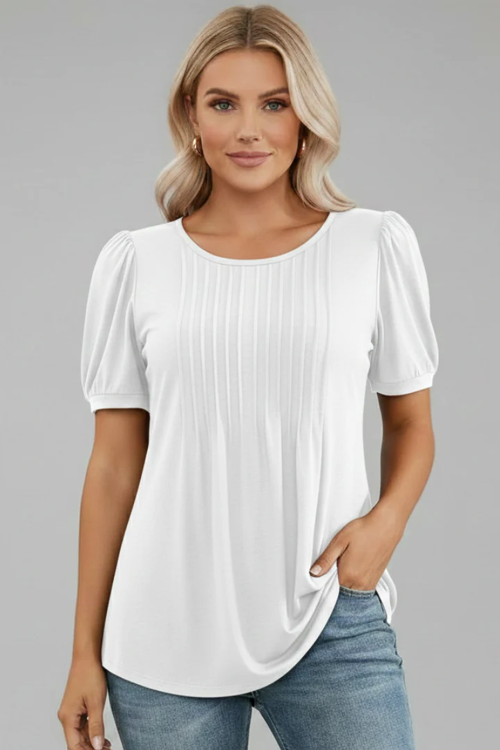 Women's T-Shirt with Round Neck and Short Puff Sleeves - Image 9