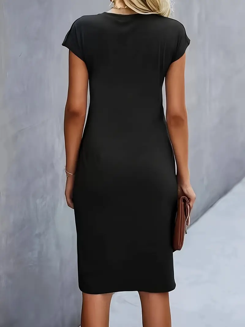 Women's Ruched Midi Dress with Cap Sleeves and Bodycon Sheath Fit - Image 11