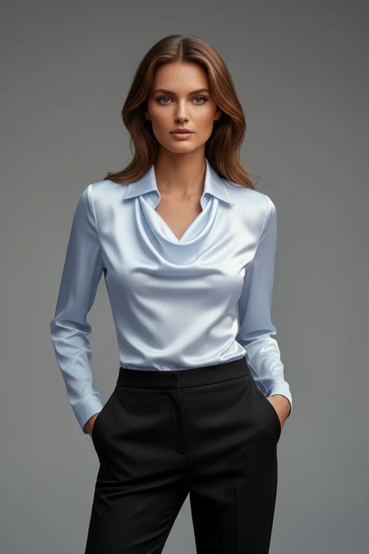 Women’s Satin Blouse with Draped Collar and Long Sleeves - Image 8