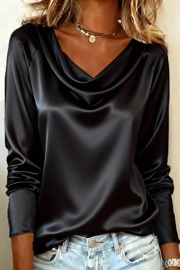 Women’s Satin Draped Blouse with Cowl Neckline and Long Cuffed Sleeves - Image 4