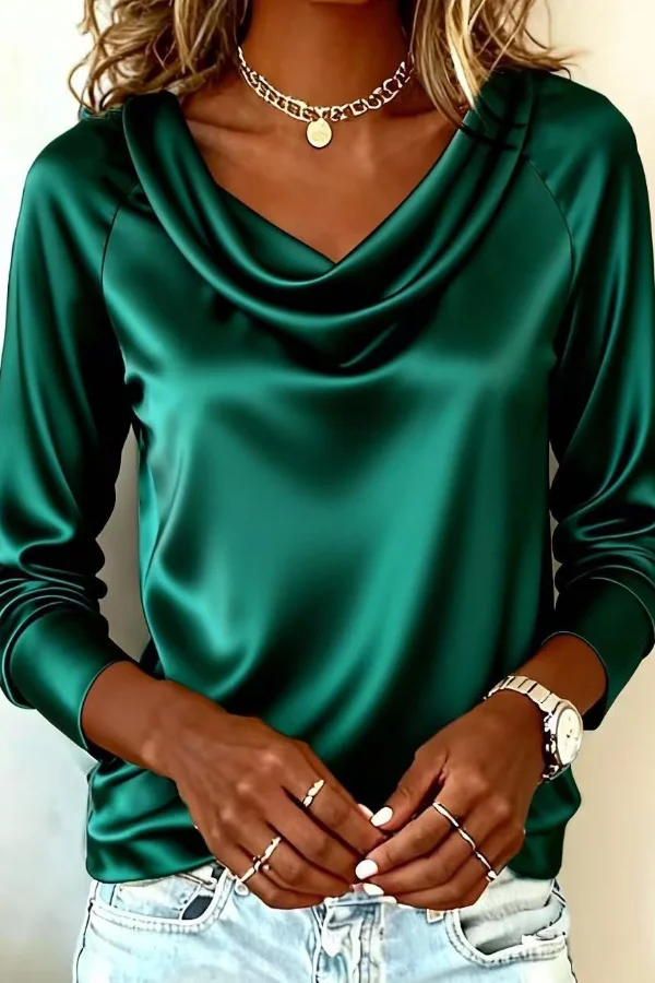 Women’s Satin Draped Blouse with Cowl Neckline and Long Cuffed Sleeves - Image 5