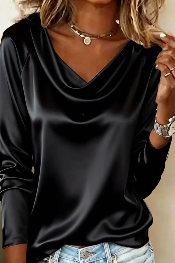 Women’s Satin Draped Blouse with Cowl Neckline and Long Cuffed Sleeves - Image 8