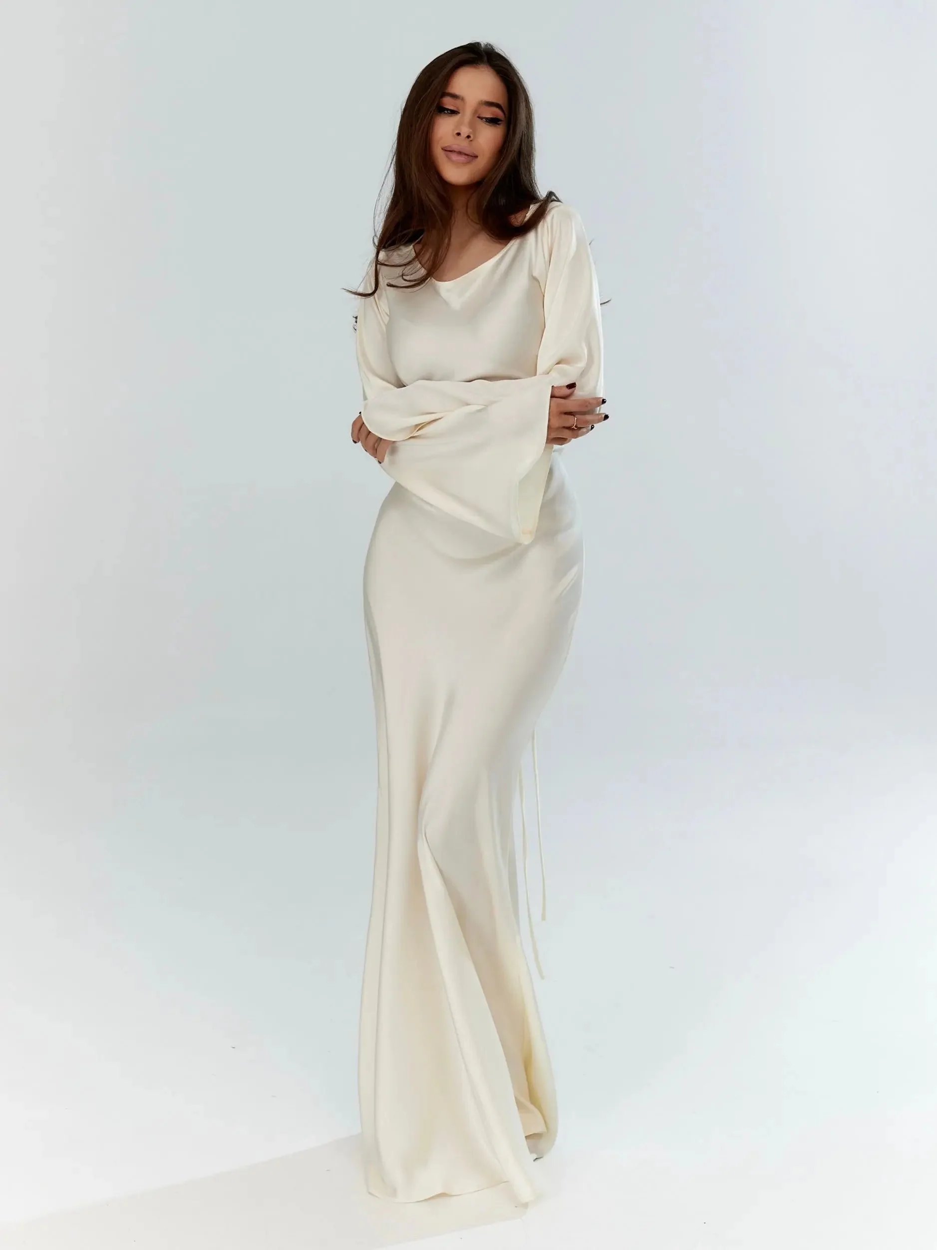 Women's Satin Maxi Dress with Long Bell Sleeves and Open Tie Back