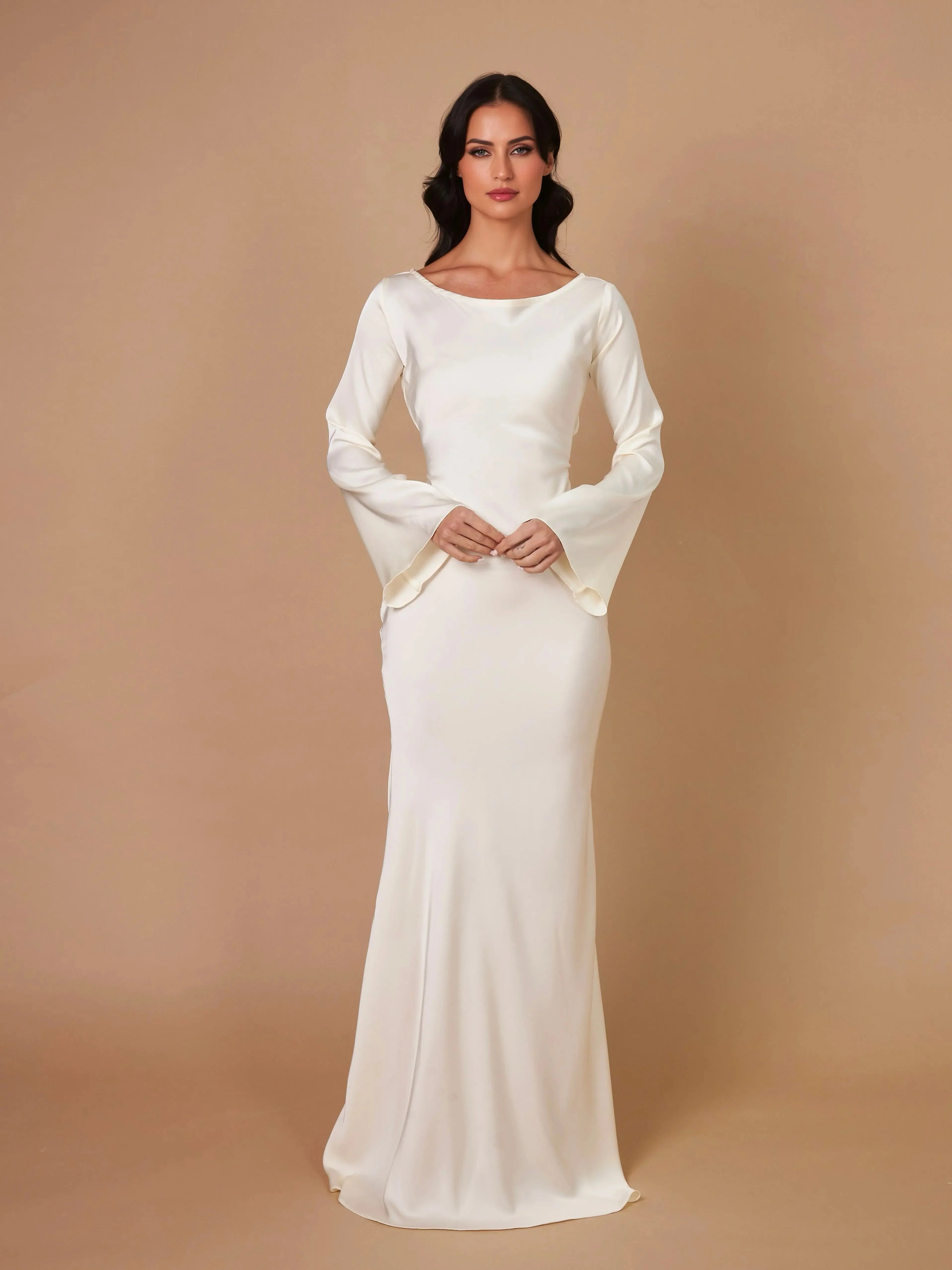 Women's Satin Maxi Dress with Long Bell Sleeves and Open Tie Back - Image 10