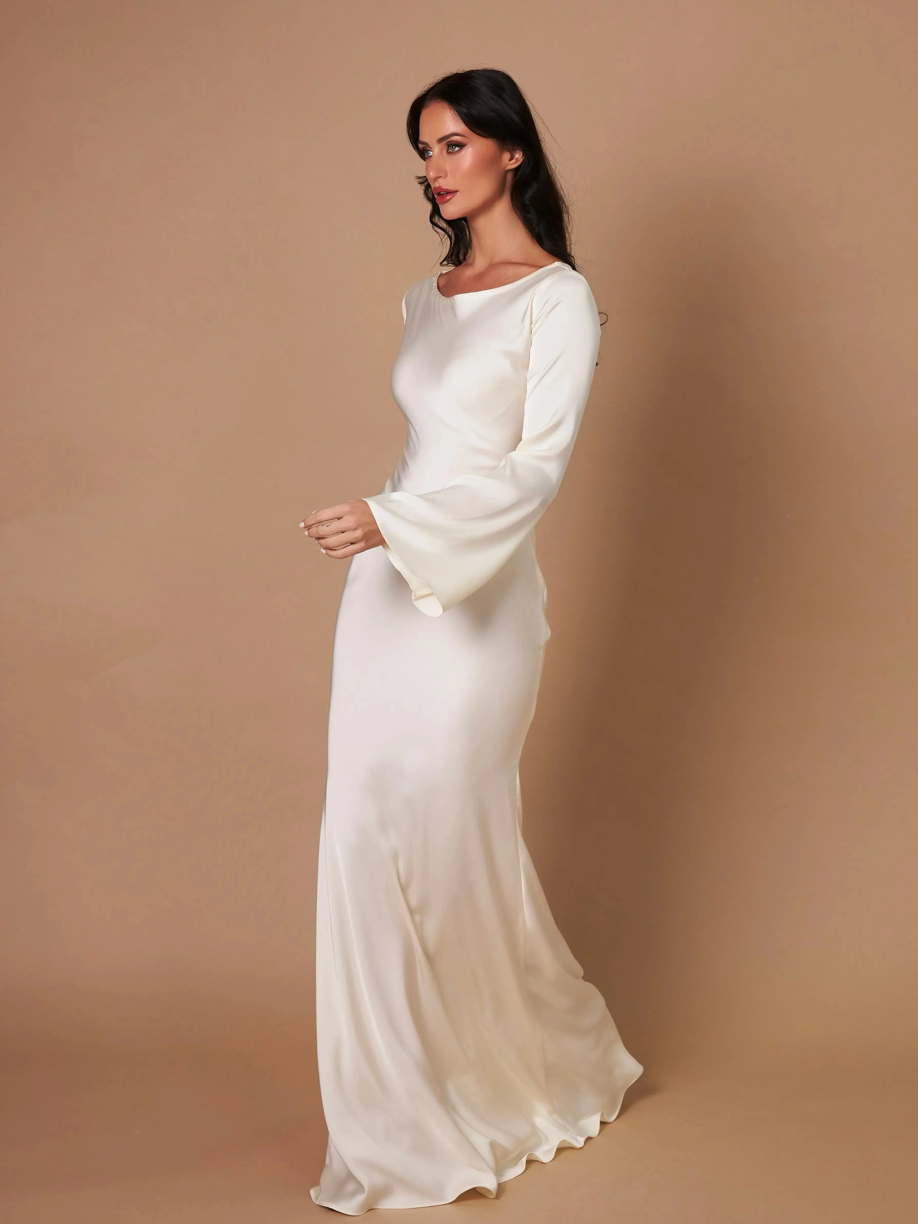 Women's Satin Maxi Dress with Long Bell Sleeves and Open Tie Back - Image 11