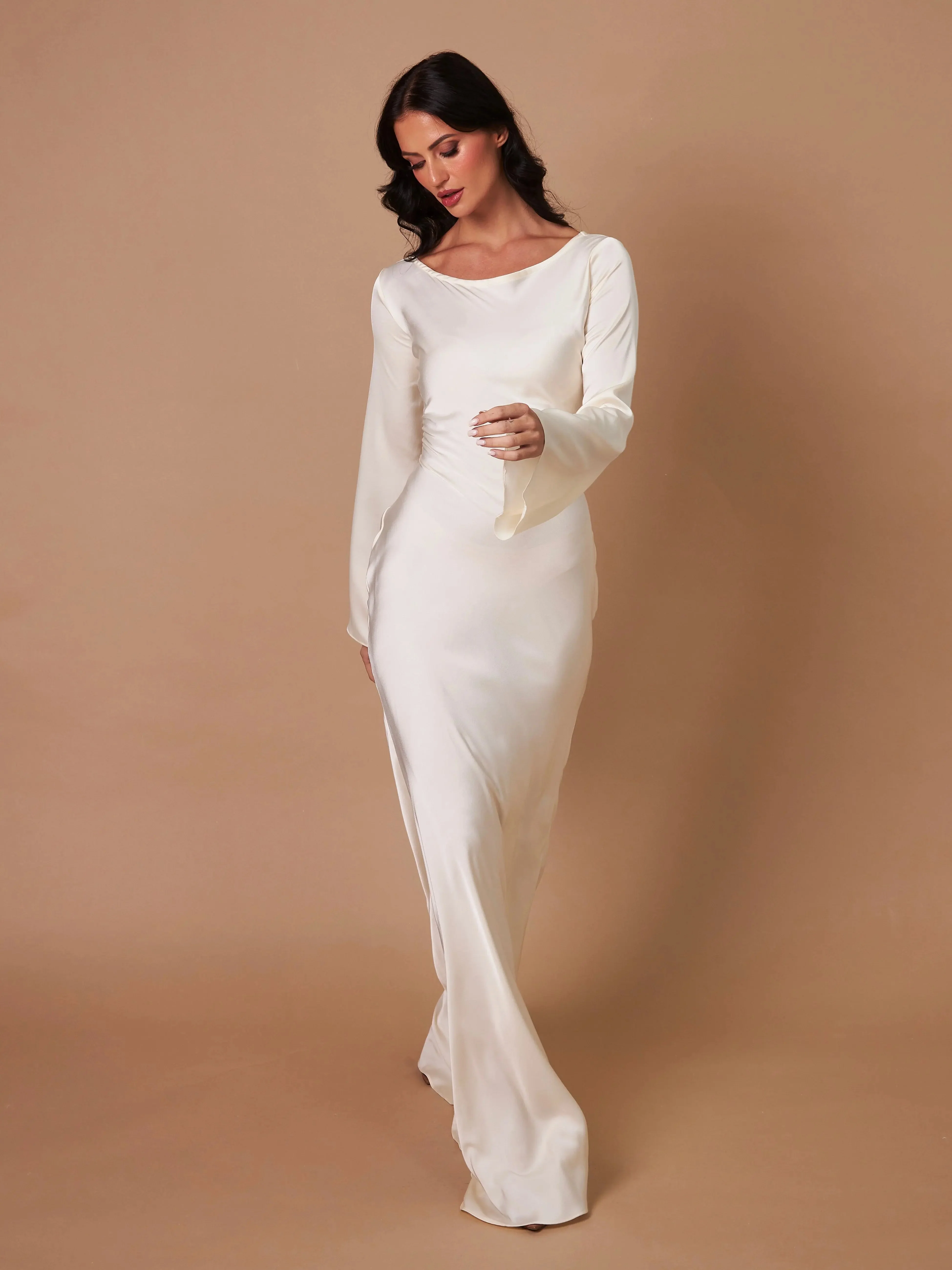 Women's Satin Maxi Dress with Long Bell Sleeves and Open Tie Back - Image 12