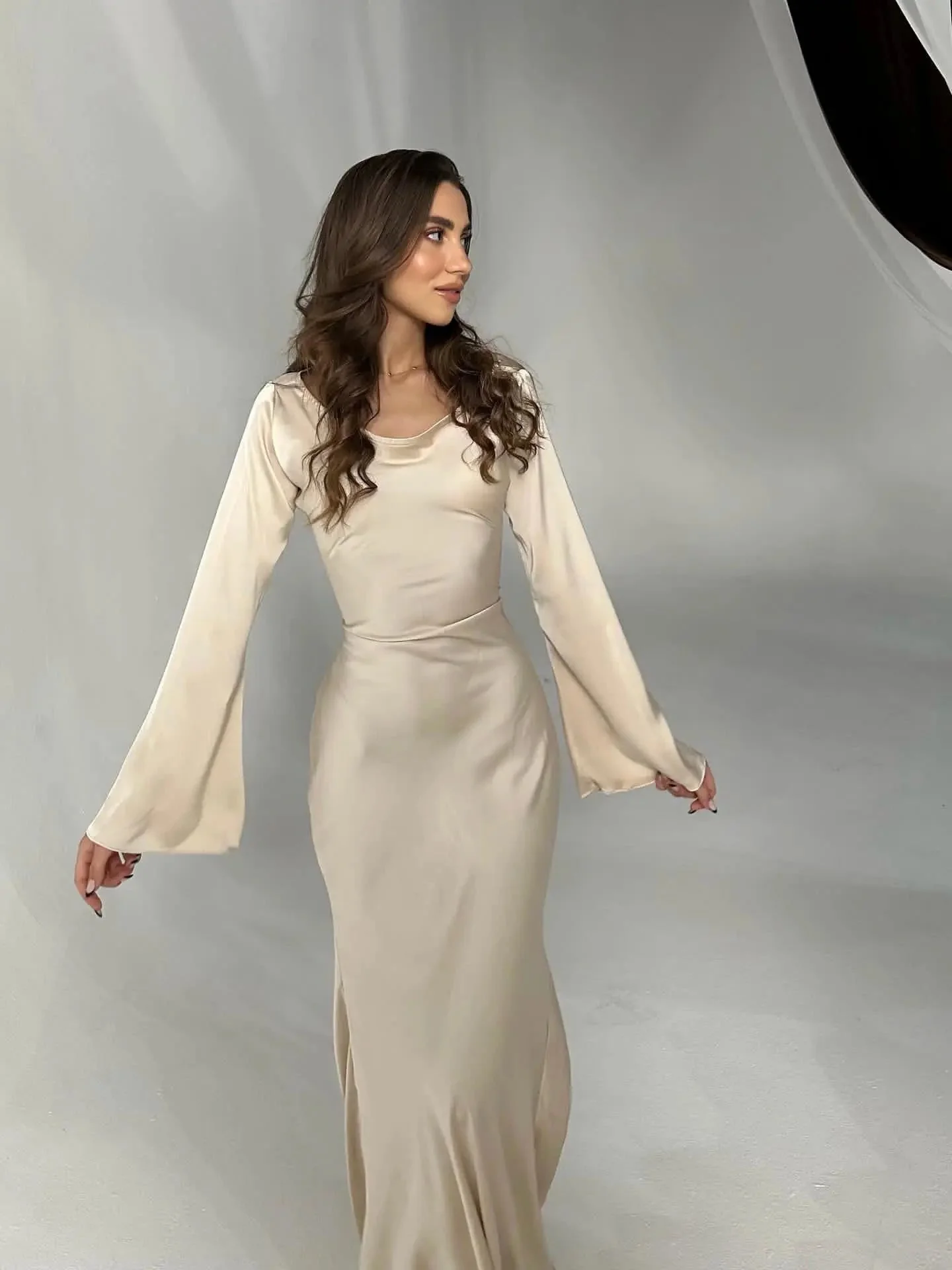 Women's Satin Maxi Dress with Long Bell Sleeves and Open Tie Back - Image 15