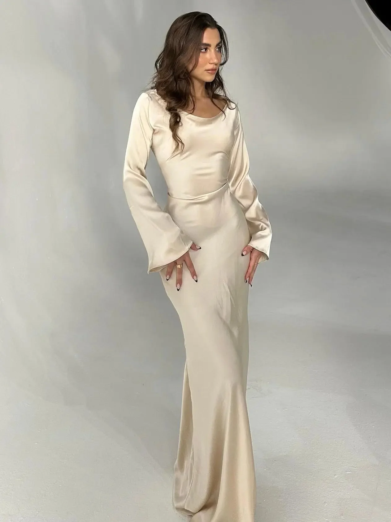 Women's Satin Maxi Dress with Long Bell Sleeves and Open Tie Back - Image 16