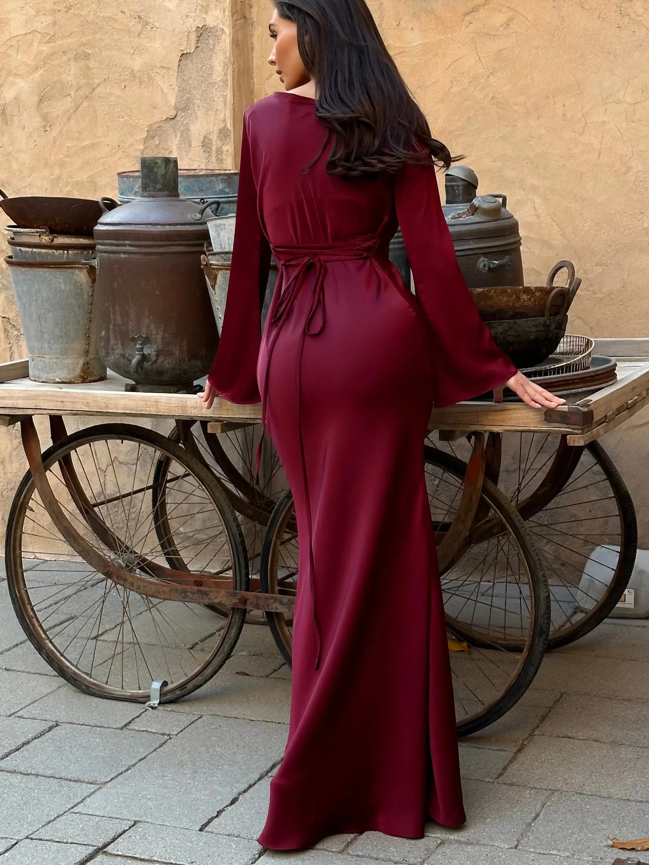 Women's Satin Maxi Dress with Long Bell Sleeves and Open Tie Back - Image 19