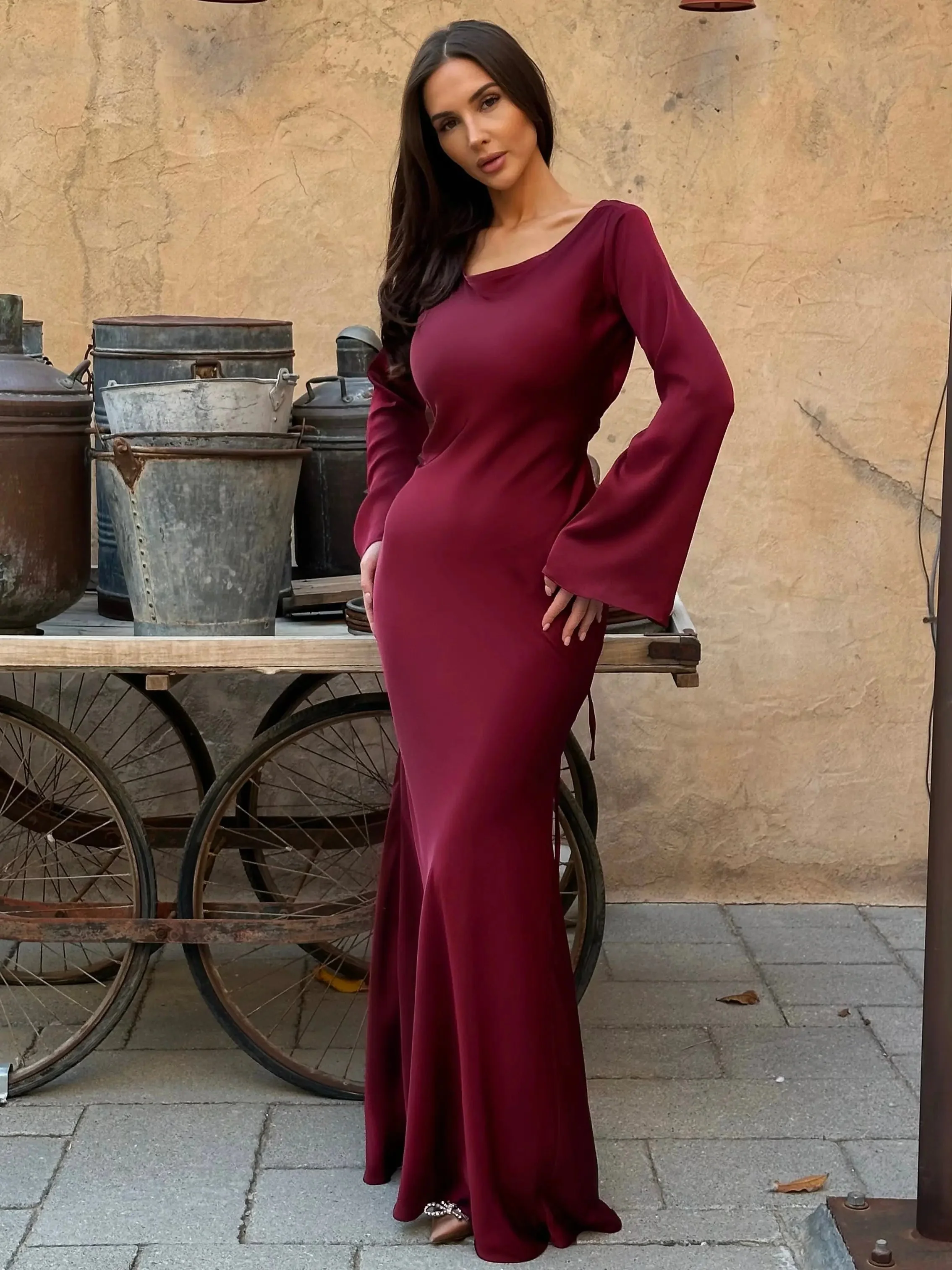 Women's Satin Maxi Dress with Long Bell Sleeves and Open Tie Back - Image 3