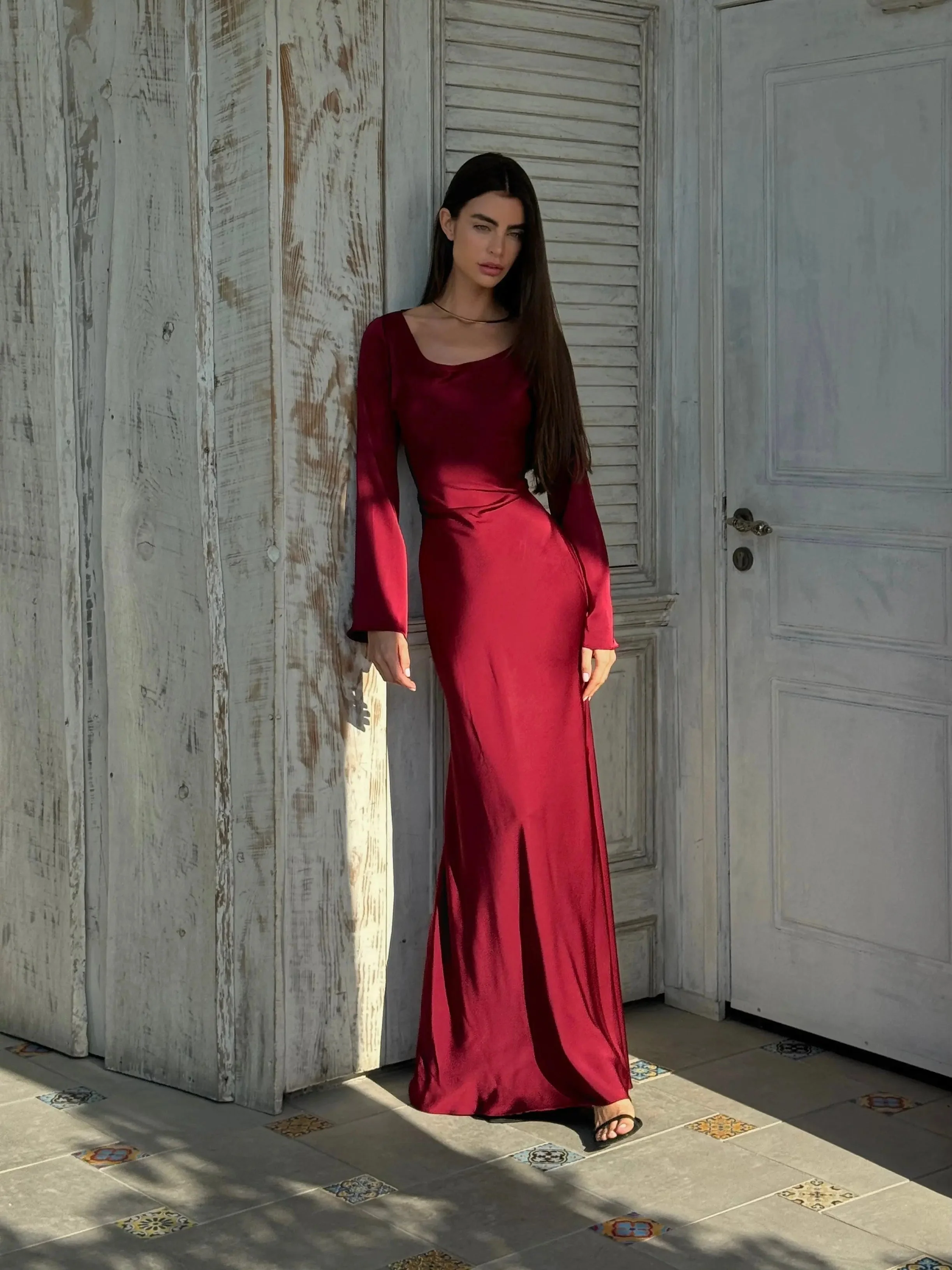 Women's Satin Maxi Dress with Long Bell Sleeves and Open Tie Back - Image 5