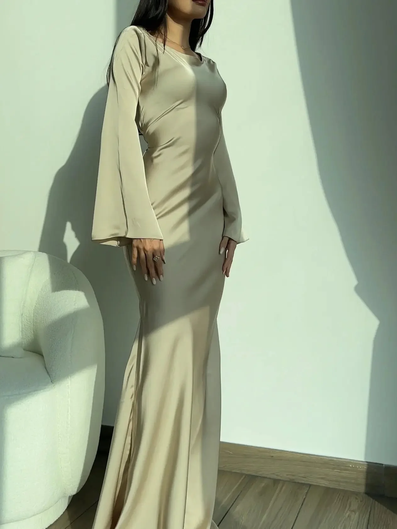 Women's Satin Maxi Dress with Long Bell Sleeves and Open Tie Back - Image 6