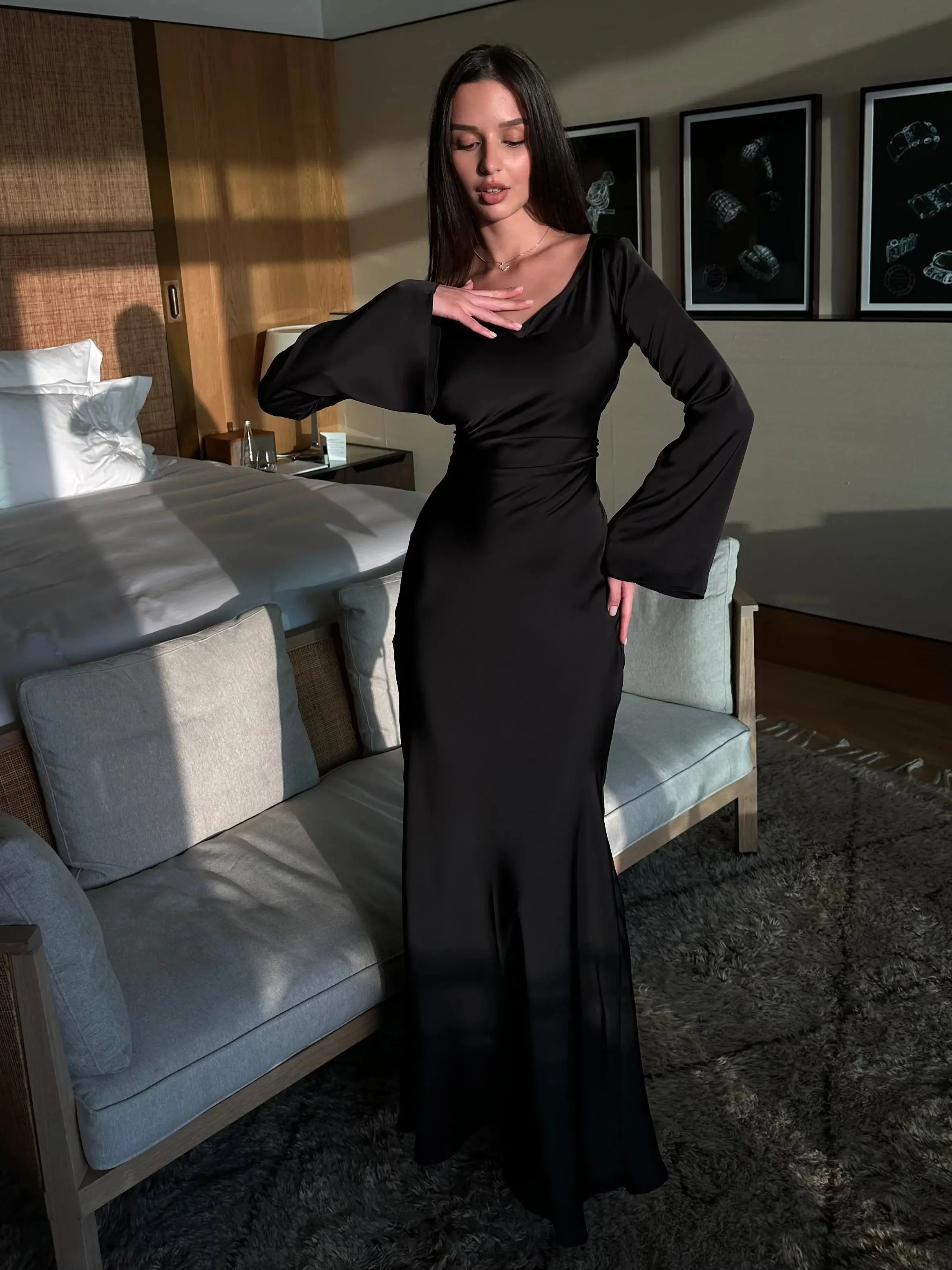 Women's Satin Maxi Dress with Long Bell Sleeves and Open Tie Back - Image 8