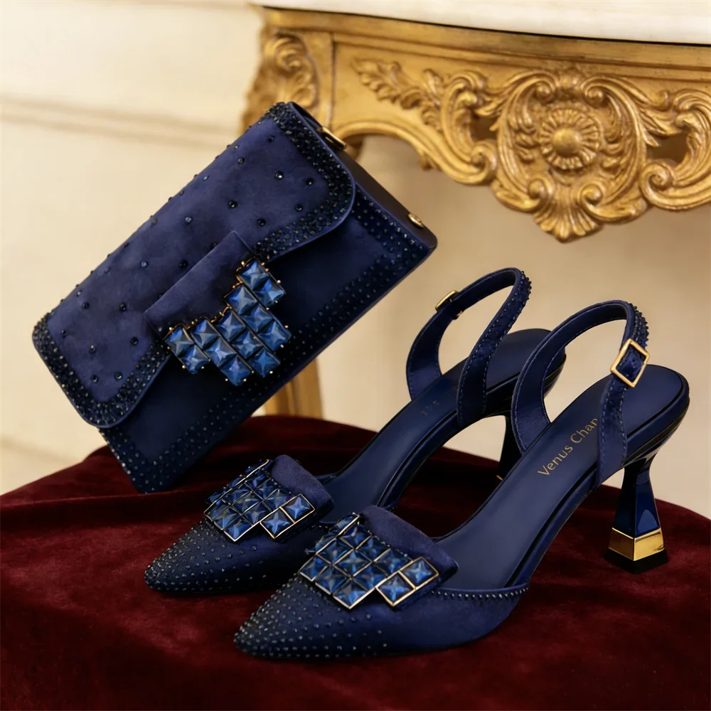 Women's Shoes and Bag Set Crystal Embellished Pointed Toe Pumps with Clutch