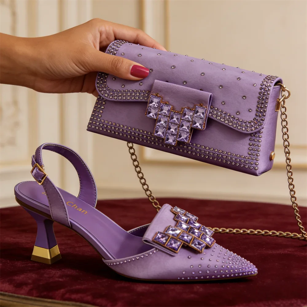 Women's Shoes and Bag Set Crystal Embellished Pointed Toe Pumps with Clutch - Image 2