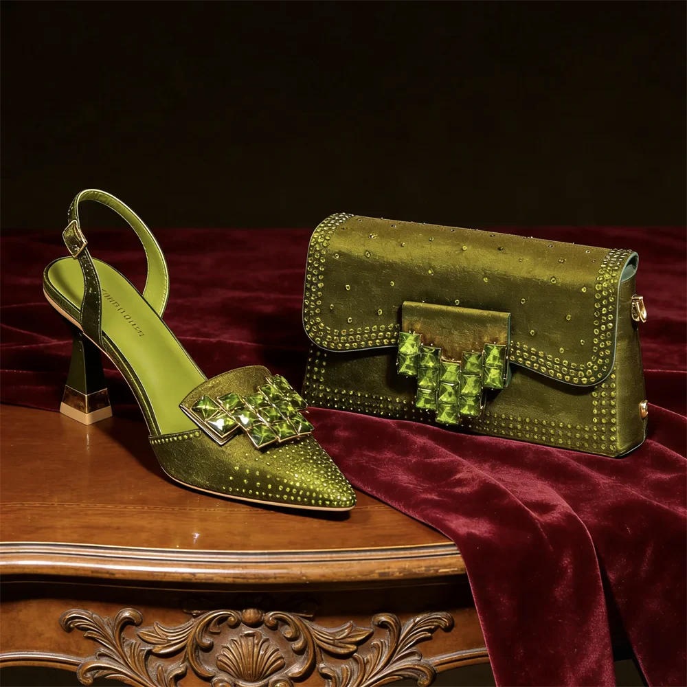 Women's Shoes and Bag Set Crystal Embellished Pointed Toe Pumps with Clutch - Image 3