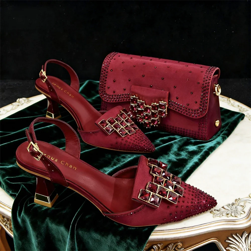 Women's Shoes and Bag Set Crystal Embellished Pointed Toe Pumps with Clutch - Image 4
