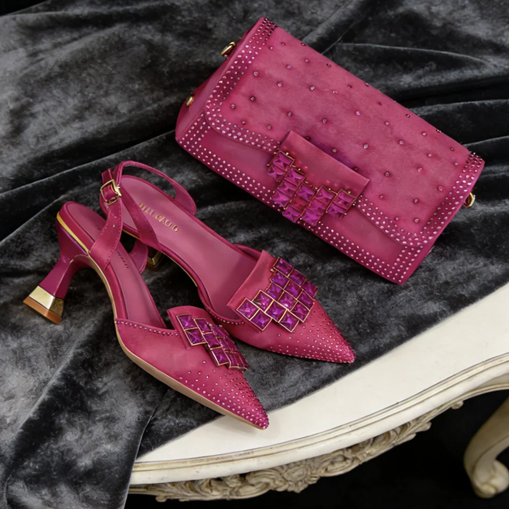 Women's Shoes and Bag Set Crystal Embellished Pointed Toe Pumps with Clutch - Image 7