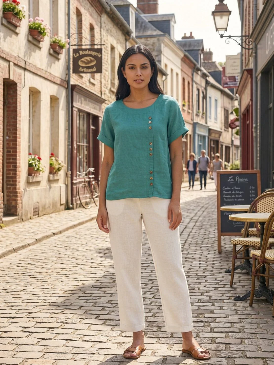 Women’s Short Sleeve Linen Blouse with Scoop Neck and Front Button Detail - Image 12