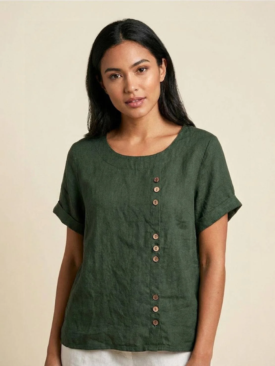 Women’s Short Sleeve Linen Blouse with Scoop Neck and Front Button Detail - Image 15
