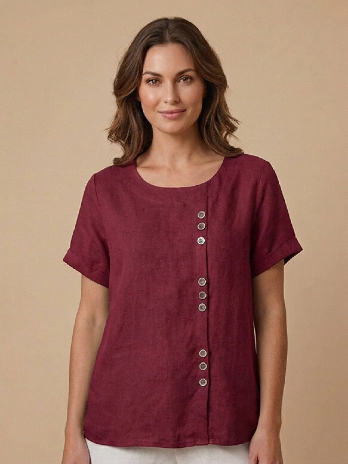 Women’s Short Sleeve Linen Blouse with Scoop Neck and Front Button Detail - Image 25