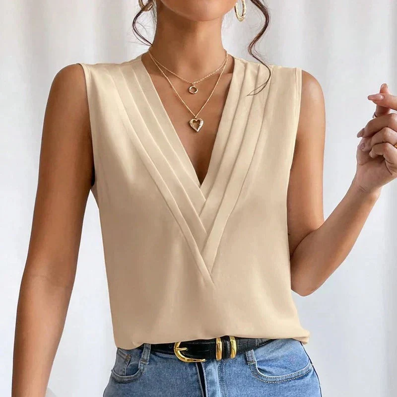 Women’s Sleeveless Blouse with Pleated V-Neck and Chiffon Finish - Image 2