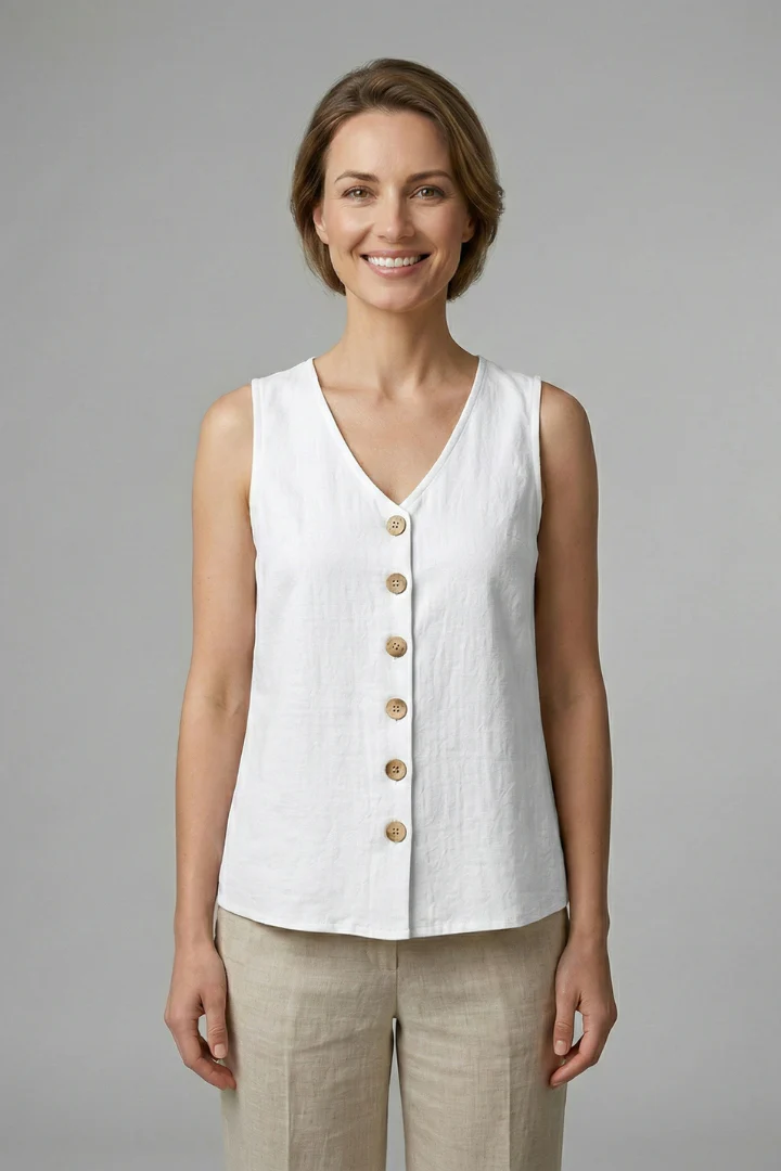 Women’s Sleeveless Blouse with V-Neck and Button Front - Image 4