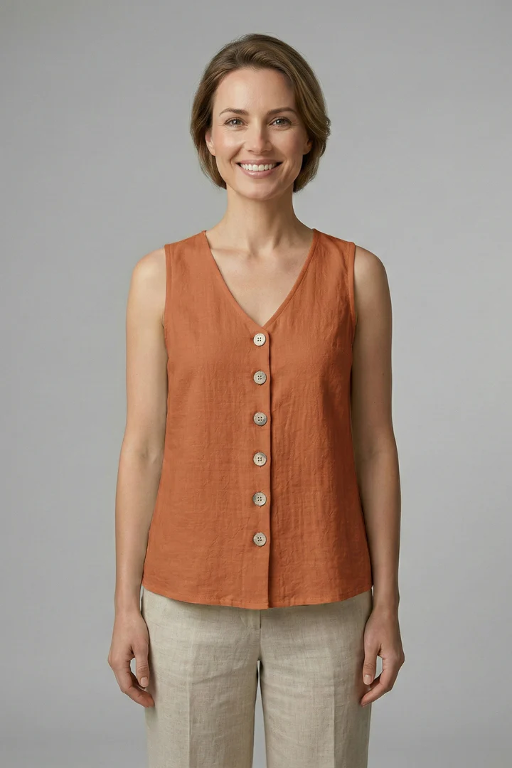 Women’s Sleeveless Blouse with V-Neck and Button Front - Image 5
