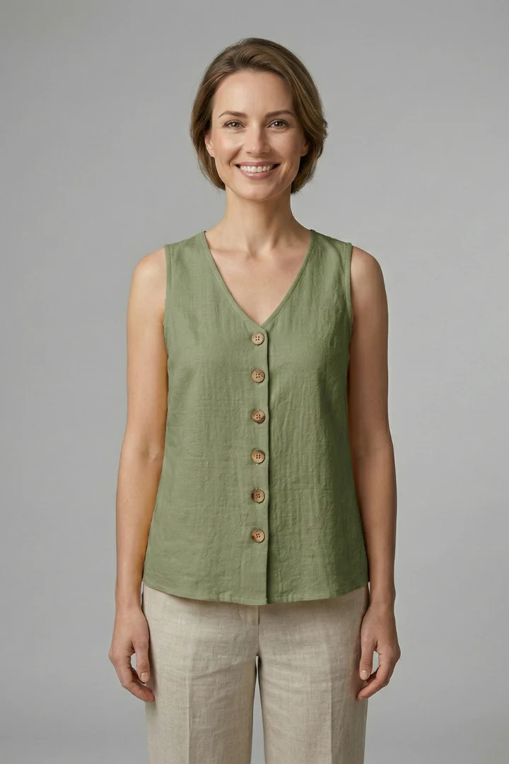 Women’s Sleeveless Blouse with V-Neck and Button Front - Image 6