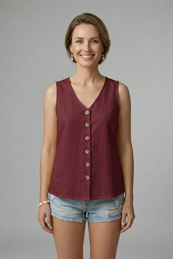 Women’s Sleeveless Blouse with V-Neck and Button Front - Image 8