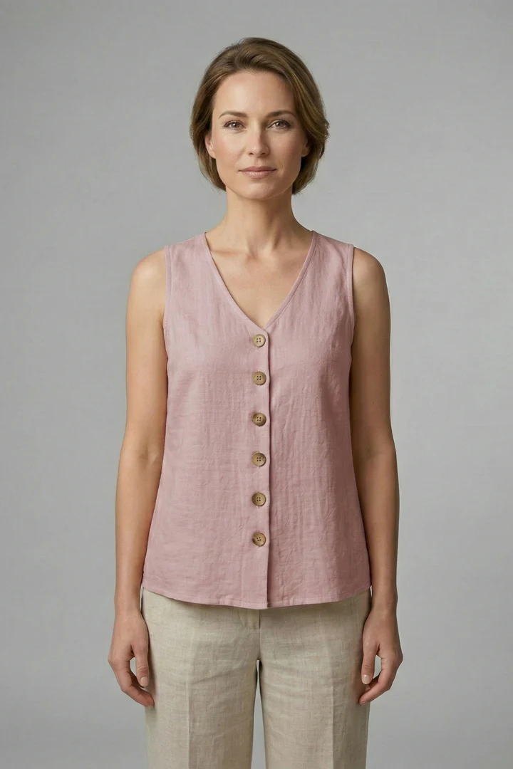 Women’s Sleeveless Blouse with V-Neck and Button Front - Image 9