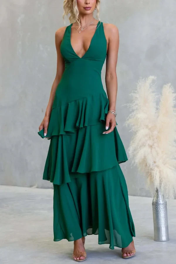 Women’s Sleeveless Maxi Dress with Tiered Skirt and Deep V-Neckline - Image 2