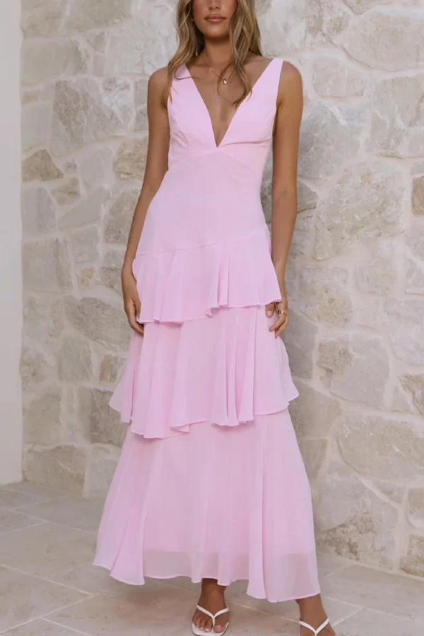 Women’s Sleeveless Maxi Dress with Tiered Skirt and Deep V-Neckline - Image 4
