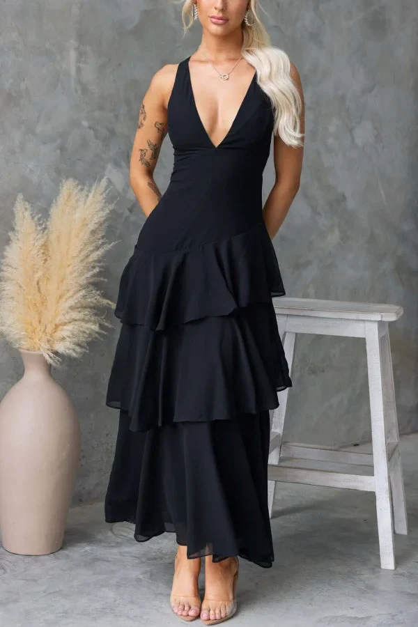 Women’s Sleeveless Maxi Dress with Tiered Skirt and Deep V-Neckline - Image 6