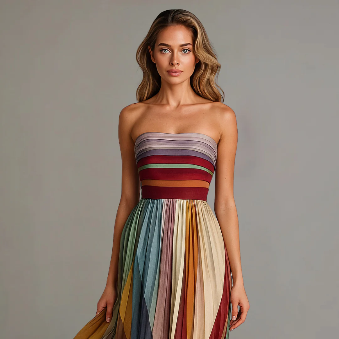 Women's Strapless Pleated Maxi Dress with Vibrant Vertical Stripe Print and Fitted Bodice - Image 3