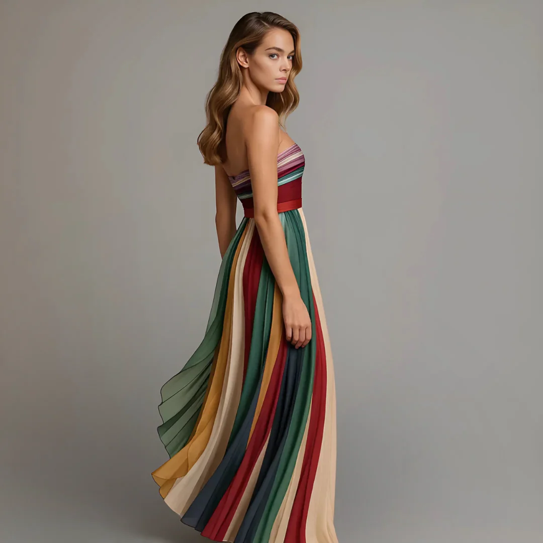 Women's Strapless Pleated Maxi Dress with Vibrant Vertical Stripe Print and Fitted Bodice - Image 4