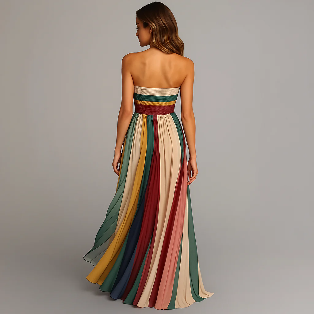 Women's Strapless Pleated Maxi Dress with Vibrant Vertical Stripe Print and Fitted Bodice - Image 5