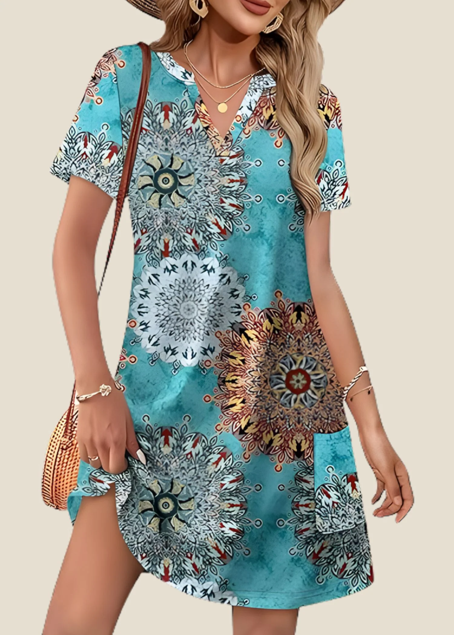 Women'sT-Shirt Dress with V-Neck and Mandala Print - Image 8