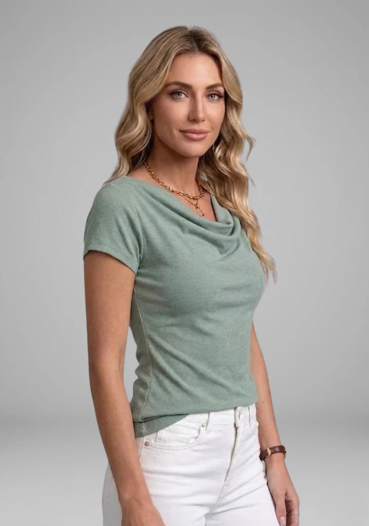 Women's Cowl Neck Ruched Blouse with Short Sleeves - Image 3