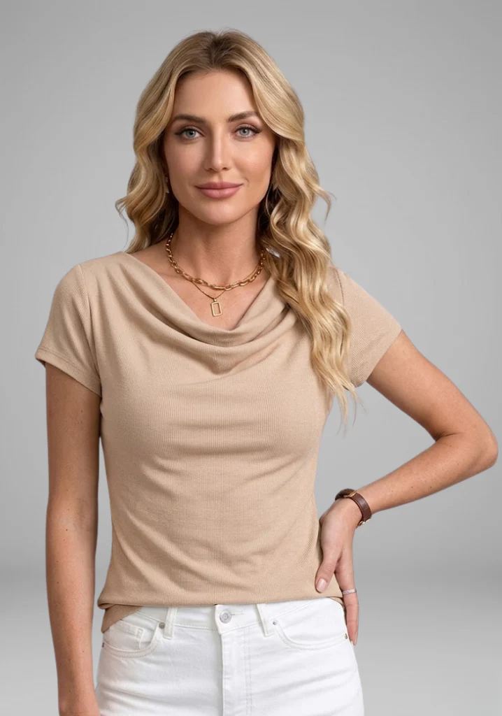 Women's Cowl Neck Ruched Blouse with Short Sleeves - Image 7