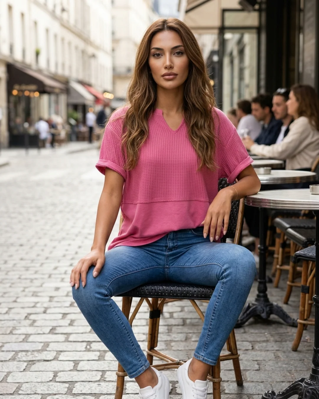 Women¡¯s T-Shirt with Notch V-Neckline and Mixed Ribbed Texture - Image 6