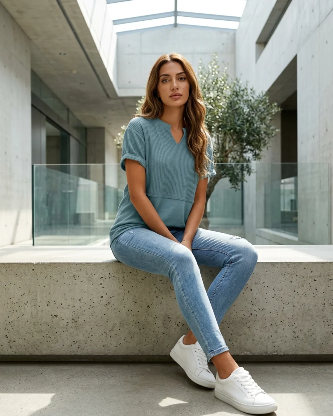 Women¡¯s T-Shirt with Notch V-Neckline and Mixed Ribbed Texture - Image 7