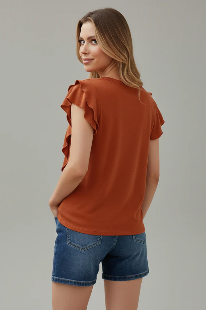 Women’s T-Shirt with Round Neckline and Ruffle Sleeves - Image 5