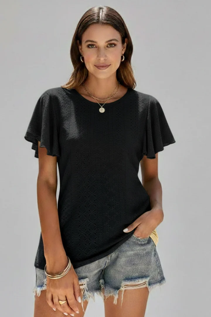 Women’s T-Shirt with Round Neckline and Ruffle Sleeves - Image 9