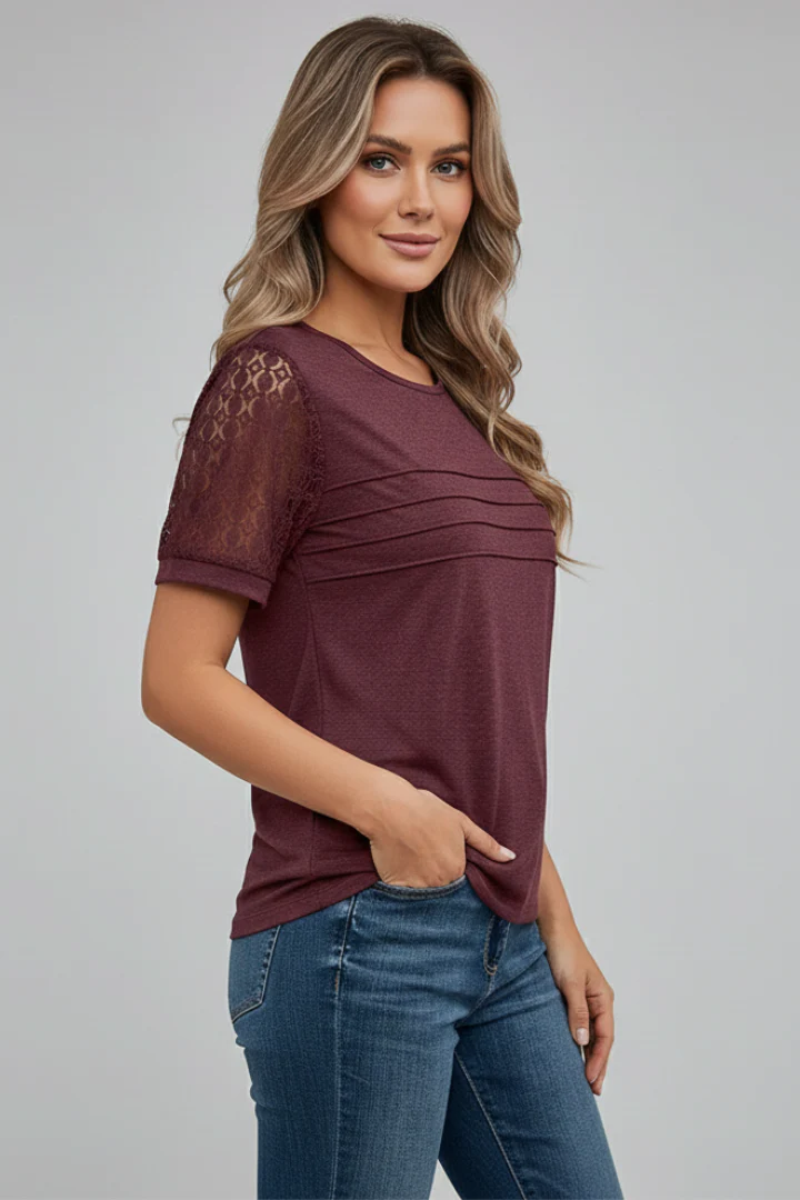 Women’s T-Shirt with Round Neckline and Textured Sleeves - Image 4