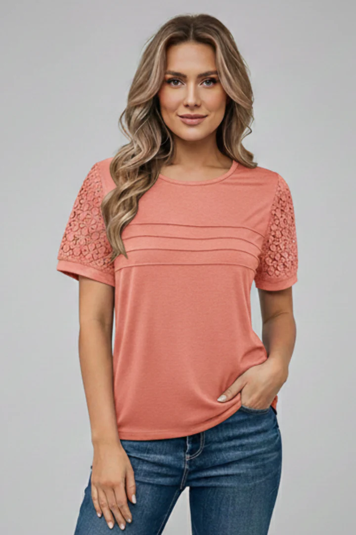 Women’s T-Shirt with Round Neckline and Textured Sleeves - Image 7