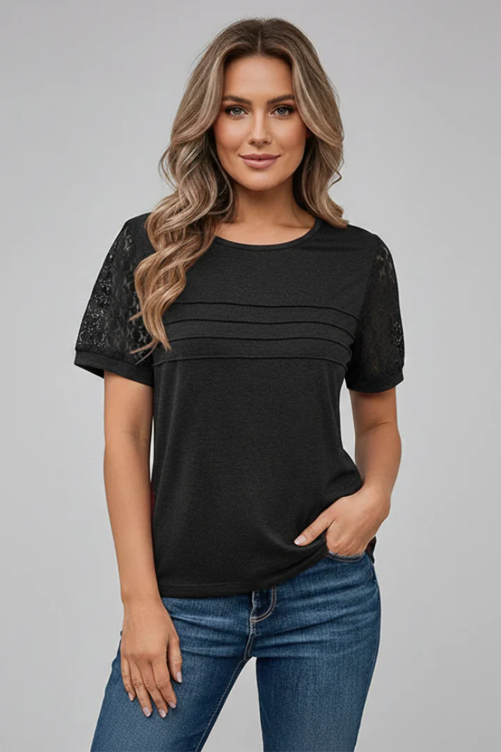 Women’s T-Shirt with Round Neckline and Textured Sleeves - Image 9