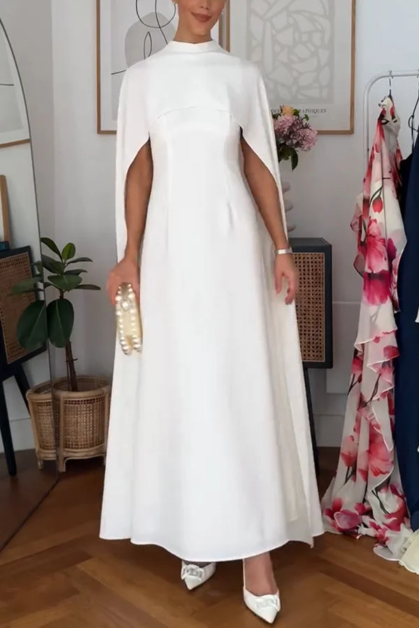 Women’s Tailored Cape Maxi Dress with Elegant High Neck and Column Silhouette - Image 3